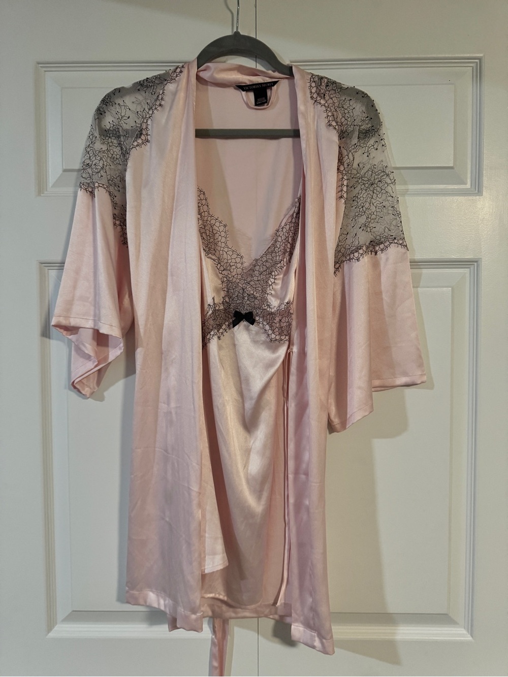 Victoria's Secret Pink Satin Robe & Chemise with Gray Lace